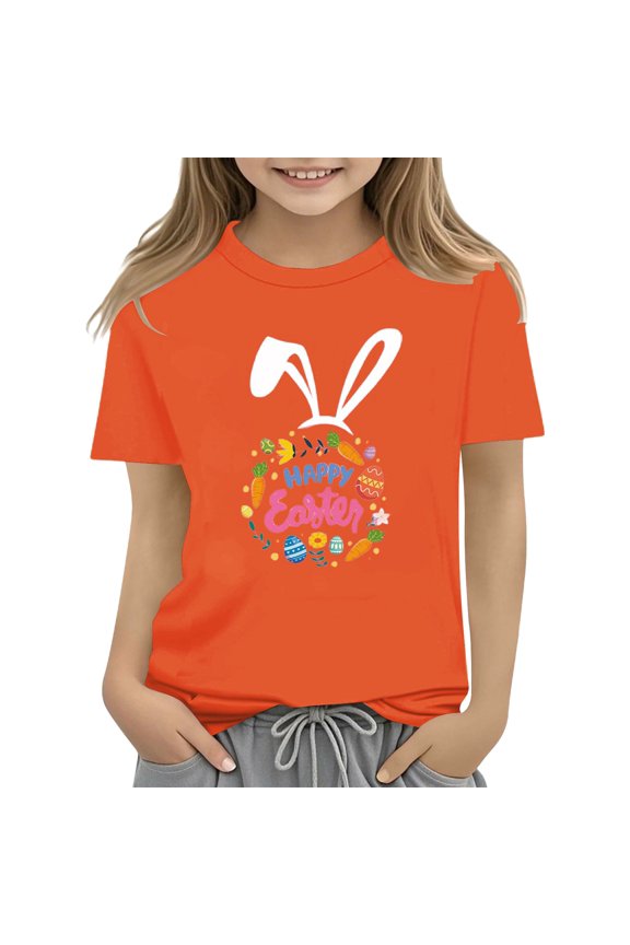 Kids Children Girls Easter Bunny T Shirt Colorful Eggs and Floral Printed T Shirts Casual Crewneck Short Sleeve T Shirts Tops(Orange,2-3 Years)