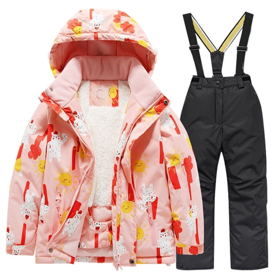 CPNG Kids Fleece Lined Ski Jacket Snow Jacket Hooded Zip Up Waterproof Ski Coat & Snow Bib Ski Pants Set Winter Snowboarding Girls Boys Winter Fashion Snow Suits