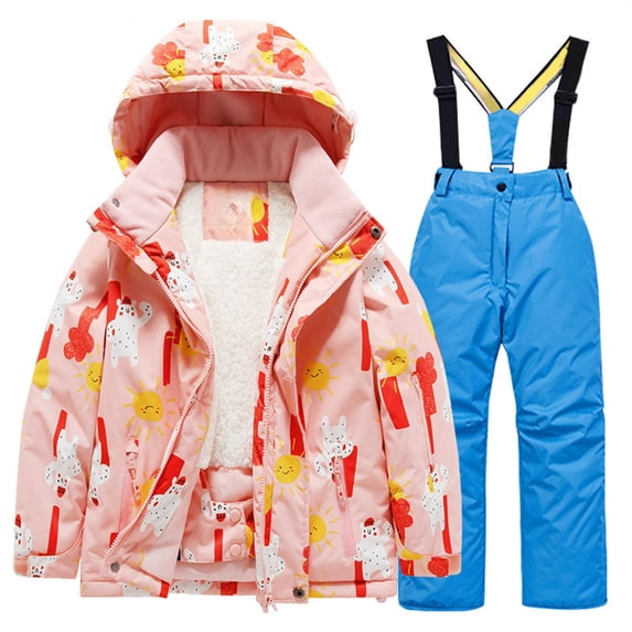 CPNG Kids Fleece Lined Ski Jacket Snow Jacket Hooded Zip Up Waterproof Ski Coat & Snow Bib Ski Pants Set Winter Snowboarding Girls Boys Winter Fashion Snow Suits