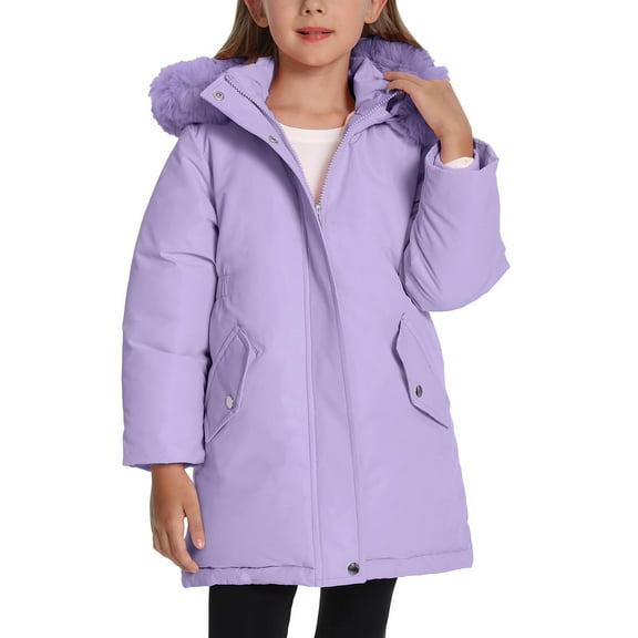 CPNG Kids Girl's Long Coat Waterproof Winter Warm Outerwear Winter Fleece Coat Long Puffer Jacket with Faux Fur Hood Parka Puffer Jacket Clothes