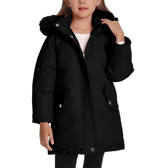 CPNG Kids Girl's Long Coat Waterproof Winter Warm Outerwear Winter Fleece Coat Long Puffer Jacket with Faux Fur Hood Parka Puffer Jacket Clothes
