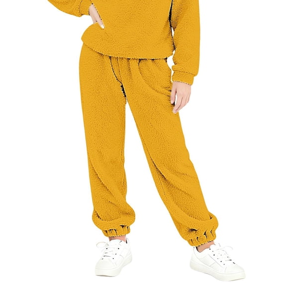 CPNG Kids Girls Boys Fuzzy Fleece Pants Wide Leg Soft Cozy Fluffy Casual Pants Elastic Waist Solid Color Warm Plush Sweatpants(Yellow,11-12 Years)