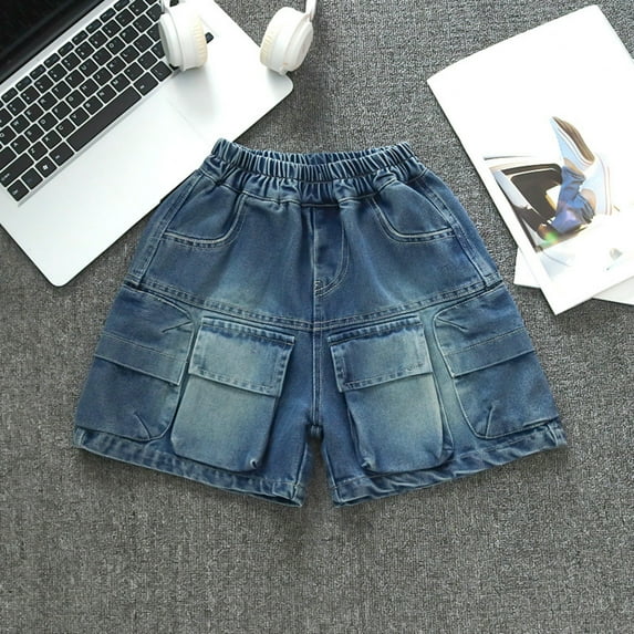 CPNG Kids Girls Boys Half Cargo Jean Vintage Denim Shorts Baggy Y2k Jorts Bermuda Shorts Teens Elastic Waisted Grunge Punk Summer Shorts