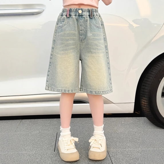 CPNG Kids Girls Knee Length Baggy Jeans Jorts Trendy Vintage Elastic High Waisted Wide Leg Mid-Low Waisted Denim Y2K Jean Shorts with Pockets Streetwear (14-15 Years, Light Blue)