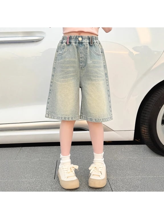 Kids Girls Knee Length Baggy Jeans Jorts Trendy Vintage Elastic High Waisted Wide Leg Mid-Low Waisted Denim Y2K Jean Shorts with Pockets Streetwear (10-11 Years, Light Blue)