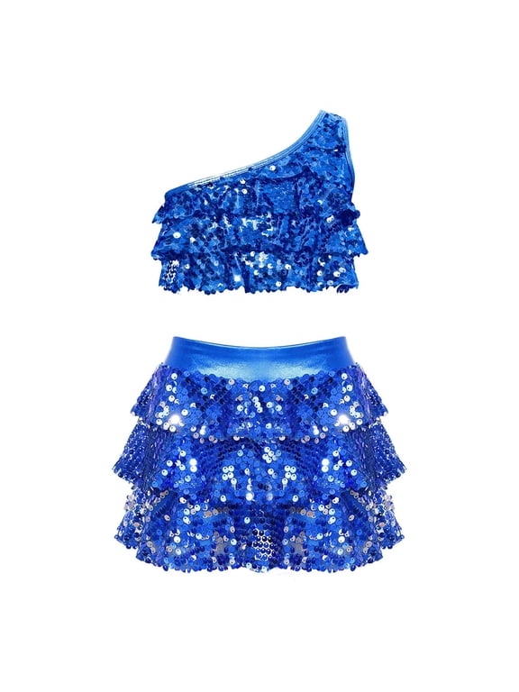 Kids Girls Sequins Dance Outfits One Shoulder Crop Top with Skirt 2 Piece Set Latin Ballroom Costume(Blue,6-7 Years)