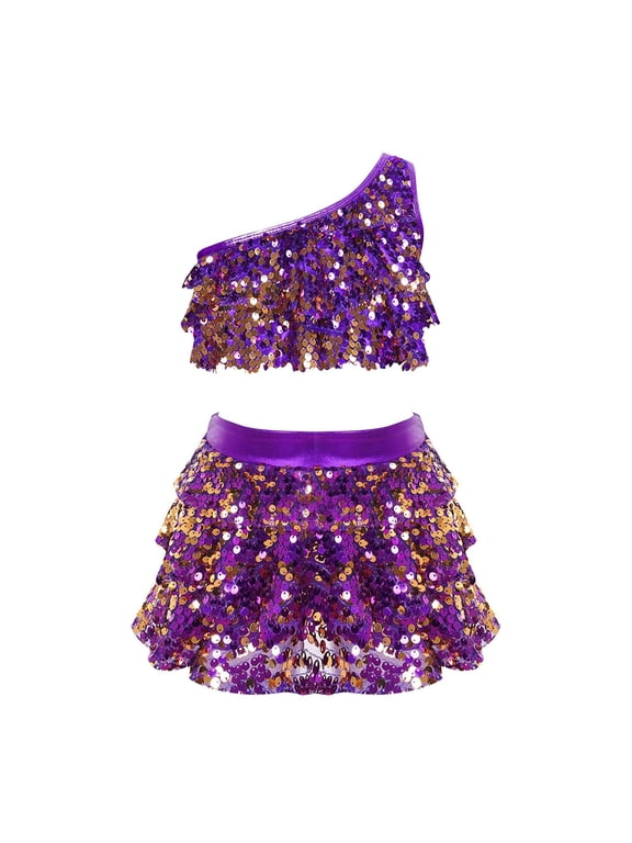 Kids Girls Sequins Dance Outfits One Shoulder Crop Top with Skirt 2 Piece Set Latin Ballroom Costume(Purple,9-10 Years)