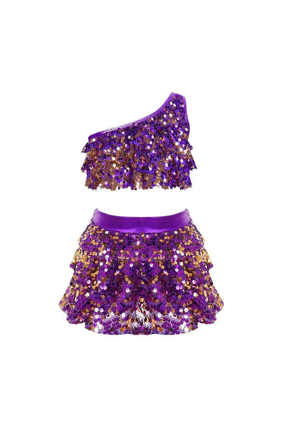 Kids Girls Sequins Dance Outfits One Shoulder Crop Top with Skirt 2 Piece Set Latin Ballroom Costume(Purple,9-10 Years)