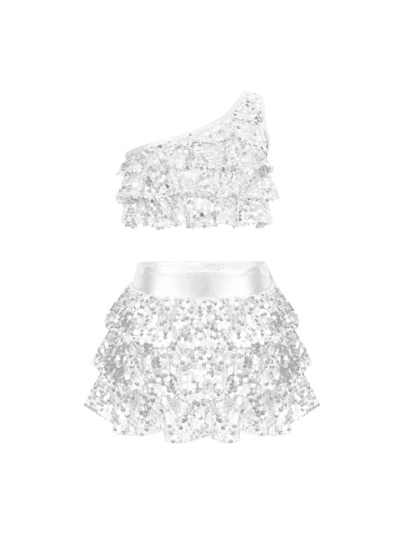 Kids Girls Sequins Dance Outfits One Shoulder Crop Top with Skirt 2 Piece Set Latin Ballroom Costume(White,6-7 Years)