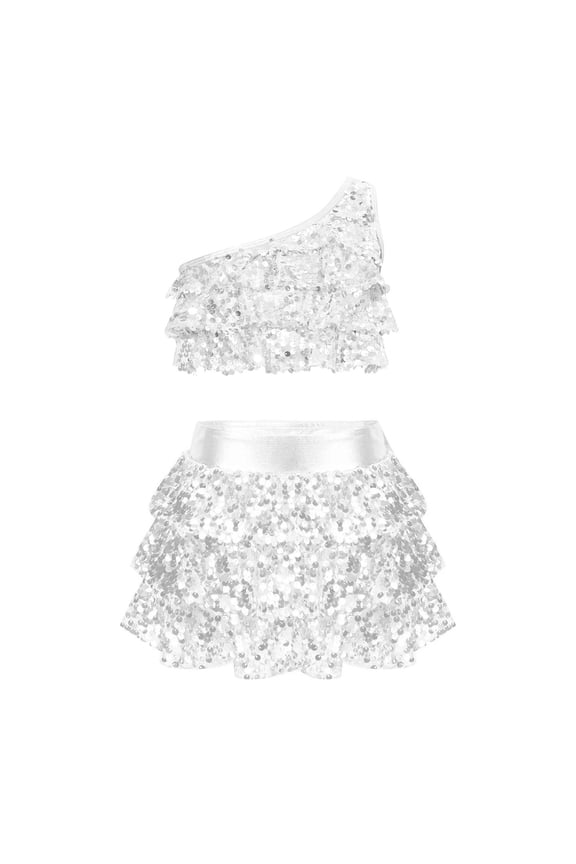 Kids Girls Sequins Dance Outfits One Shoulder Crop Top with Skirt 2 Piece Set Latin Ballroom Costume(White,7-8 Years)