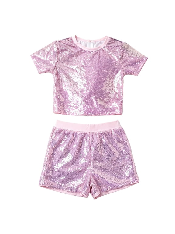Kids Girls Sequins Dance Outfits Short Sleeve Crewneck Pullover T shirt and Shorts 2 Piece Set Sparkly Summer Clothes(Pink,7-10 Years)