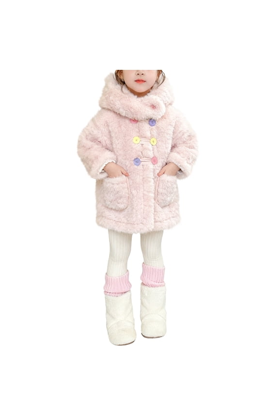 Kids Girls Sherpa Fleece Hoodie Cute Furry Button Down Windproof Jacket Hooded Faux Fur Jacket Baby Outwear Winter Thick Warm Soft Shaggy Coat