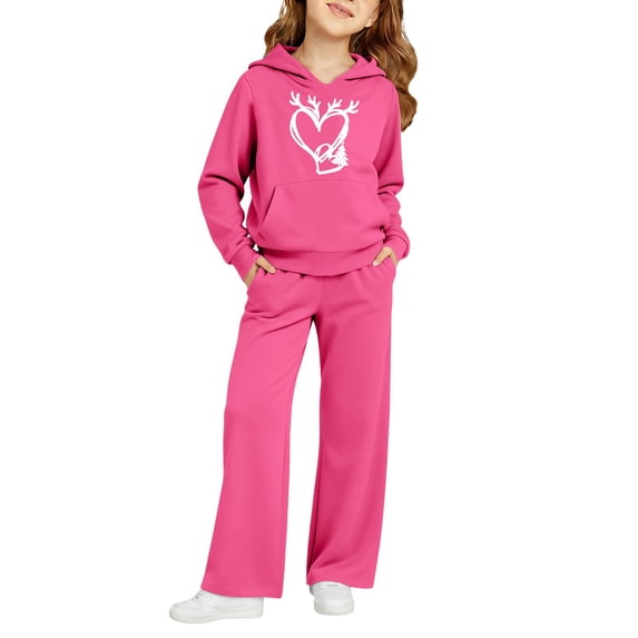CPNG Kids Girls Sweatsuit 2 Piece Set Heart Print Sweatsuits Hoodie Sweatshirts and Jogger Sweatpants Sweat Set(Hot Pink,5-6 Years)