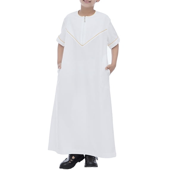 CPNG Kids Kaftan Ramadan Prayer Dress Boys Muslim Outfit Solid Color Eid Clothes Short Sleeve Zip Up Crewneck Thobe with Pocket Arabic Abaya Clothes