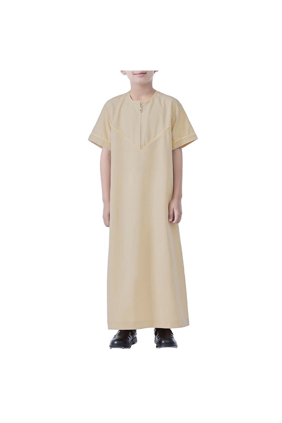 Kids Kaftan Ramadan Prayer Dress Boys Muslim Outfit Solid Color Eid Clothes Short Sleeve Zip Up Crewneck Thobe with Pocket Arabic Abaya Clothes