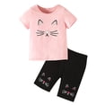 thumbnail image 1 of CPNG Kids Little Girls Outfits Spring Summer Cotton Cat Print Crewneck Short Sleeve Tshirt and Shorts 2 Piece Set(Pink,3-4 Years), 1 of 6