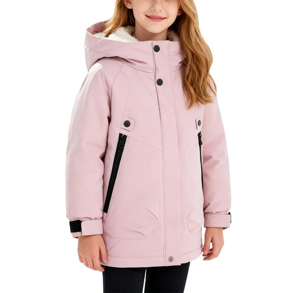 CPNG Kids Plush Lined Jacket Long Warm Puffer Jacket Winter Windproof Waterproof Parka Snow Coat Boys Warm Thicken Fleece Tops Girls Sherpa Outdoor Tops
