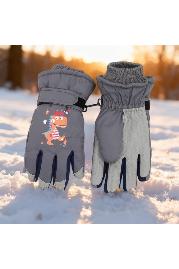 Kids Ski Snow Gloves Dinosaur King Print Winter Cold Weather Waterproof Windproof Warm Fleece Thermal Snowboard Sport Mittens for Boys Girls