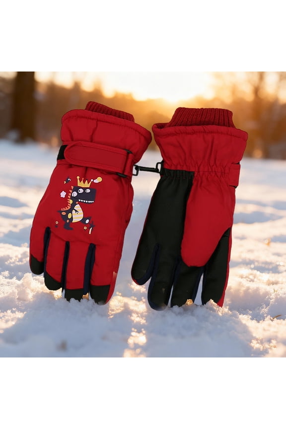 Kids Ski Snow Gloves Dinosaur King Print Winter Cold Weather Waterproof Windproof Warm Fleece Thermal Snowboard Sport Mittens for Boys Girls