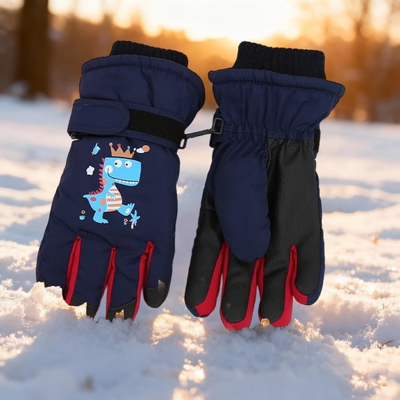 CPNG Kids Ski Snow Gloves Dinosaur King Print Winter Cold Weather Waterproof Windproof Warm Fleece Thermal Snowboard Sport Mittens for Boys Girls