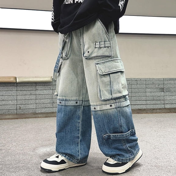 CPNG Kids Teen Boys Baggy Jeans with Pockets Casual Straight Wide Leg Elastic Waist Gradient Color Cargo Jeans Y2K Loose Denim Pants