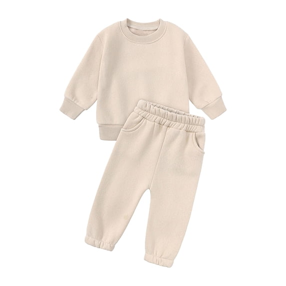 CPNG Kids Toddler Girl Boys Fleece Lined Sweatsuit Outfits Long Sleeve Solid Color Crew Neck Tops Sweatshirt Pants Casual Outfits Set(Beige,10-11 Years)