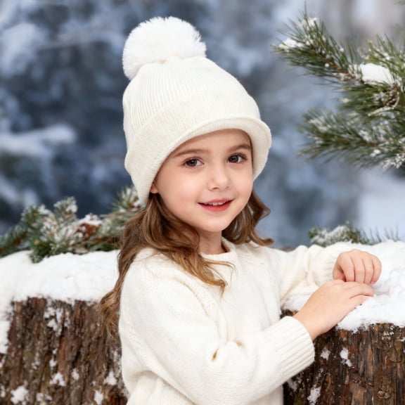 CPNG Kids Winter Hat Cap Unisex Hat Solid Color Beanies with Pom Pom Toddler Fleece Lined Warm Knit Hat Girls Boys Cute Knitted Wool Snow Beanies Ski Cap