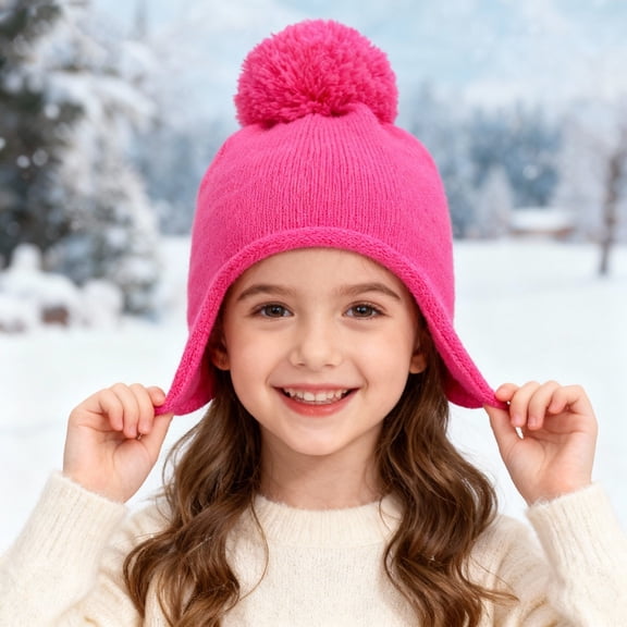 CPNG Kids Winter Hat Cap Unisex Hat Solid Color Beanies with Pom Pom Toddler Fleece Lined Warm Knit Hat Girls Boys Cute Knitted Wool Snow Beanies Ski Cap