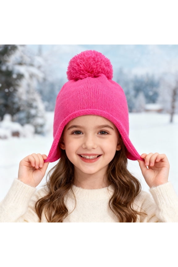 Kids Winter Hat Cap Unisex Hat Solid Color Beanies with Pom Pom Toddler Fleece Lined Warm Knit Hat Girls Boys Cute Knitted Wool Snow Beanies Ski Cap