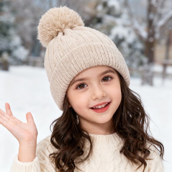 CPNG Kids Winter Hat Cap Unisex Hat Solid Color Beanies with Pom Pom Toddler Fleece Lined Warm Knit Hat Girls Boys Cute Knitted Wool Snow Beanies Ski Cap