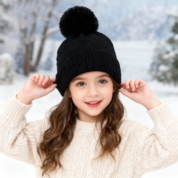 CPNG Kids Winter Hat Cap Unisex Hat Solid Color Beanies with Pom Pom Toddler Fleece Lined Warm Knit Hat Girls Boys Cute Knitted Wool Snow Beanies Ski Cap
