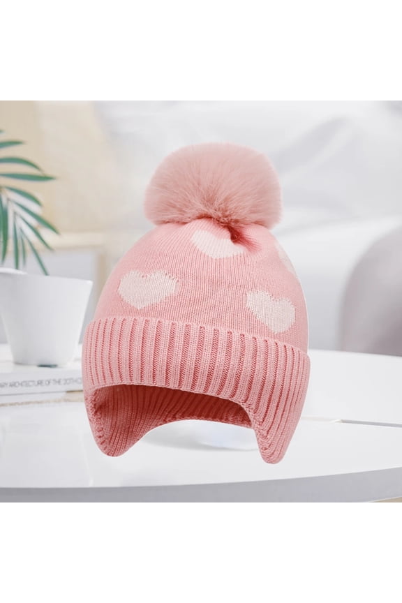 Knitted Baby Hat Winter Warm Boys Girls Colorful Pattern Pom Pom Ski Cap Beanie with Ear Flaps Fleece Lining Toddler Kids Hats with Pompom