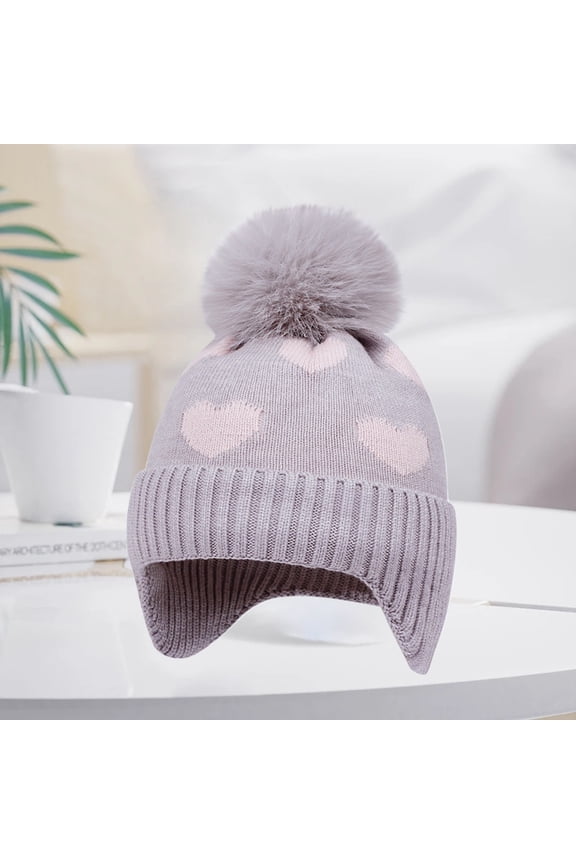Knitted Baby Hat Winter Warm Boys Girls Colorful Pattern Pom Pom Ski Cap Beanie with Ear Flaps Fleece Lining Toddler Kids Hats with Pompom