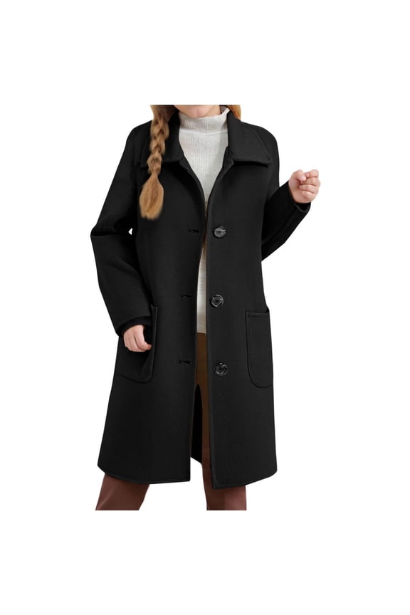 Little Girls Single Breasted Trench Coat Dress Coats Teen Girls Warm Lapel Long Trench Coats Outerwear with Pockets(Black,8-9 Years)
