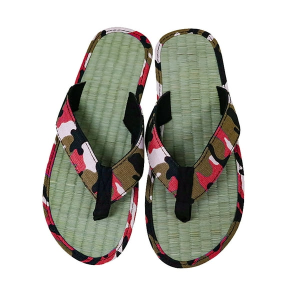 CPNG Men's Leather Flip Flops Summer Mat Bottom Slippers Flat Sandals Open Toe Slide Home Wooden Floor Breathable Camouflage Canvas Slippers Indoor Ring Flip Flops
