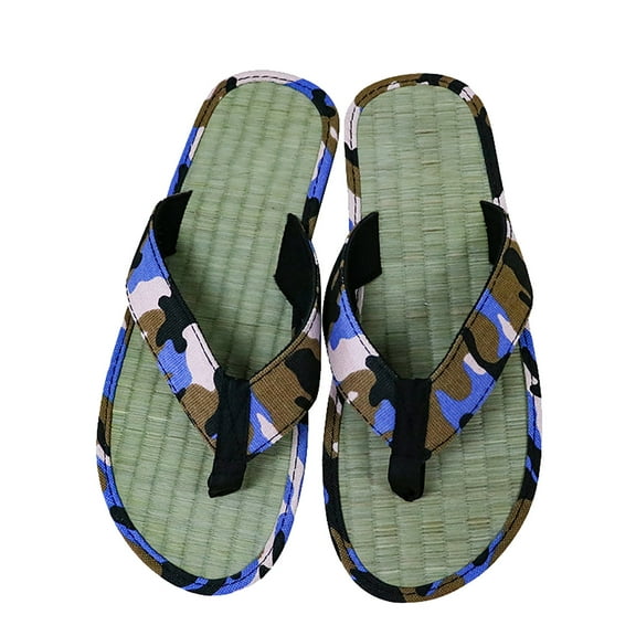 CPNG Men's Leather Flip Flops Summer Mat Bottom Slippers Flat Sandals Open Toe Slide Home Wooden Floor Breathable Camouflage Canvas Slippers Indoor Ring Flip Flops
