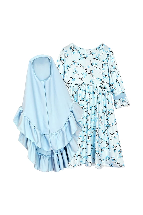 Muslim 2PCS Clothes for Girls Kids Abaya Long Sleeve Dress with Cotton Hijab Islamic Head Cover Khimar Kaftan Ramadan Prayer Dresses