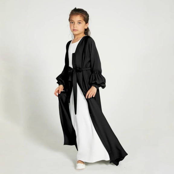 CPNG Muslim Dubai Dress for Girls Islamic Prayer Abaya Maxi Dresses Set Solid Color Loose Fit Open Front Maxi Length Long Sleeve Cardigan Kaftan Robe with Hijab Girls Robe