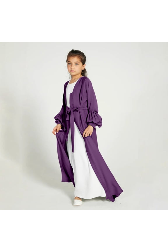 Muslim Dubai Dress for Girls Islamic Prayer Abaya Maxi Dresses Set Solid Color Loose Fit Open Front Maxi Length Long Sleeve Cardigan Kaftan Robe with Hijab Girls Robe