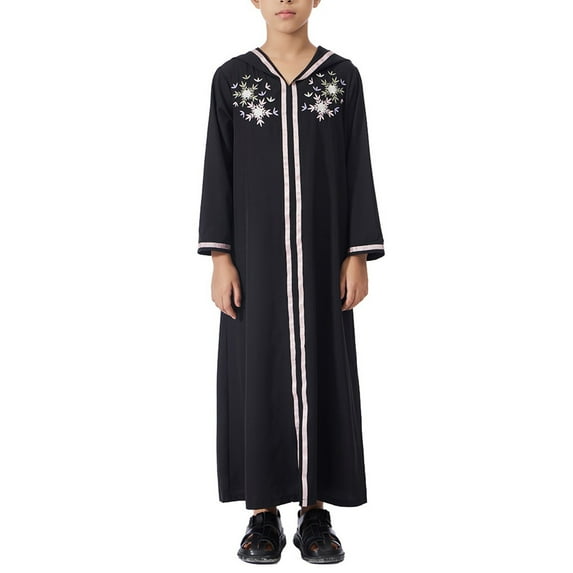 CPNG Muslim Girl Abaya Long Sleeve Eid Robe Dress for Kids Embroidery Islamic Kaftan Robe Lightweight Kaftan Muslim Long Gown Thobe Robe Maxi Dubai Hooded Prayer Clothes