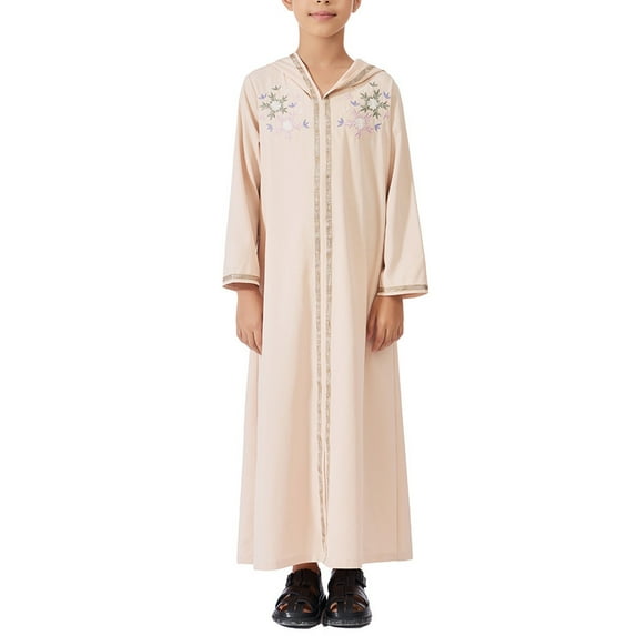 CPNG Muslim Girl Abaya Long Sleeve Eid Robe Dress for Kids Embroidery Islamic Kaftan Robe Lightweight Kaftan Muslim Long Gown Thobe Robe Maxi Dubai Hooded Prayer Clothes