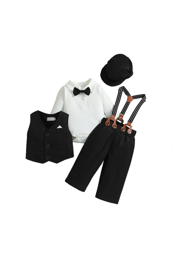 Newborn Baby Boy Clothes Suits 4PCS Gentleman Outfit Shirts Vest Beret Hat Pants Bow Tie Wedding Set(Black,12-18 Months)