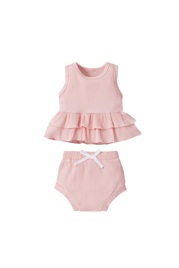 Newborn Infant Baby Girls Cotton Outfits Solid Color Round Neck Ruffle Vest and Drawstring Shorts 2Pcs Set(Pink,0-3 Months)