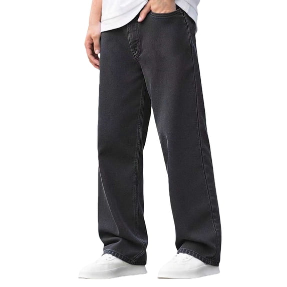 CPNG Teen Boys Solid Color Baggy Jeans Straight Leg Button Front Zipper Casual Loose Denim Trousers Streetwear(Black,15-16 Years)