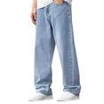 thumbnail image 1 of CPNG Teen Boys Solid Color Baggy Jeans Straight Leg Button Front Zipper Casual Loose Denim Trousers Streetwear(Blue,13-14 Years), 1 of 6
