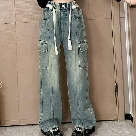 CPNG Teen Girl Jeans Y2k Streetwear Baggy Denim Cargo Pants Drawstring Cargo Pants with Pockets High Waist Casual Loose Wide Leg Cute Back to School Trendy Jean