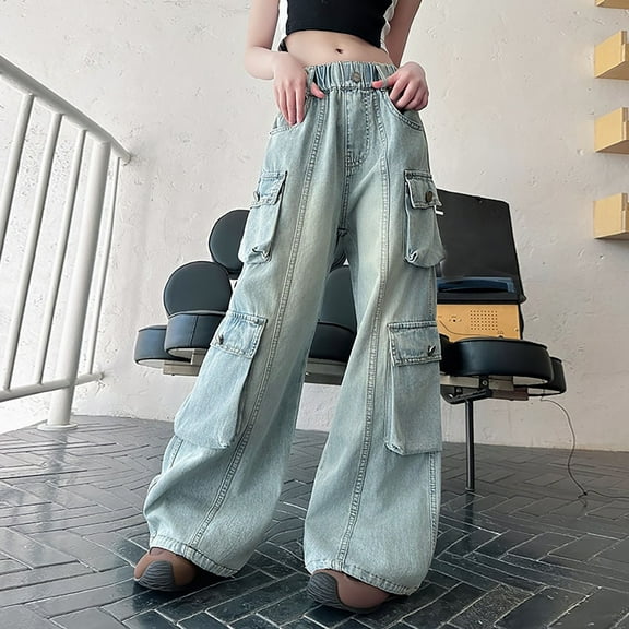 CPNG Teen Girl Jeans Y2k Streetwear Baggy Denim Cargo Pants Workwear Wide Leg Jeans with Multiple Pockets High Waist Wide Leg Cute Back to School Trendy Jean