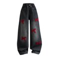 thumbnail image 1 of CPNG Teen Girls Bow Embroidered Straight Wide Leg Jeans Trendy Loose High Waist Elastic Waist Casual Denim Pants(Black,15-16 Years), 1 of 6
