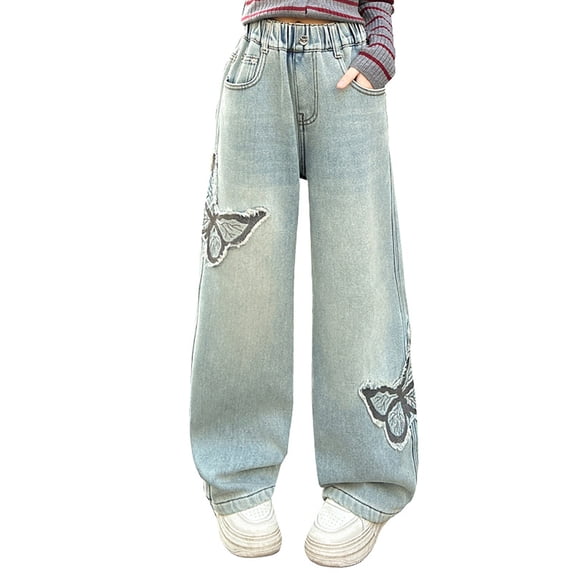 CPNG Teen Girls Butterfly Patch Baggy Leg Wide Leg Jeans Trendy Loose High Waist Elastic Waist Casual Denim Pants(Blue,5-6 Years)