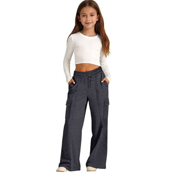 CPNG Teen Girls' Cargo Pants Straight High Waist Elastic Waist Solid Color Drawstring Pants Kids' Sweatpants (Dark Gray,13-14 Years)